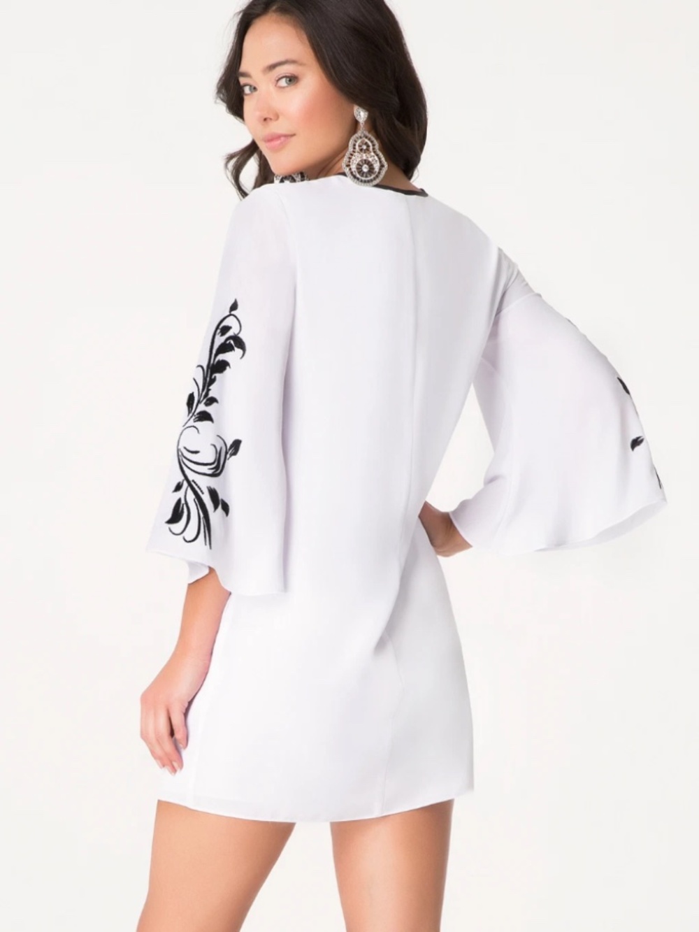 New Bebe white black lace up kimono sleeve floral print tunic top dress S Small - Picture 4 of 5